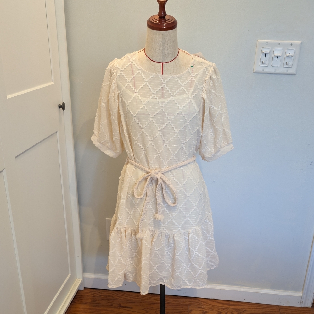 NEW NWT Moon River Anthropologie Ivory Rope Belted Quilted Mini Dress SMALL
